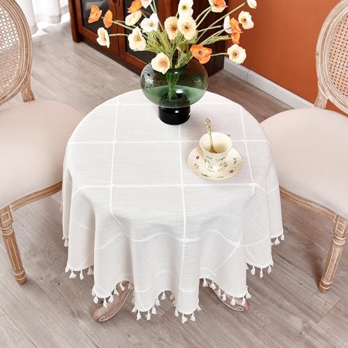 Plaid Round Tablecloth 36 Inch Cotton Linen Round Table Cloth - color: Off-white, size: 36" (Round)