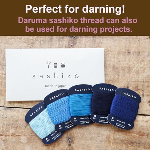 DARUMA Sashiko Thread 100% Cotton Card Type (43.7 yd) x 5 Colors with English Manual, Sewing & Embroidery Value Set with Gift Package(Thin, Amaoto) - color: Amaoto, size: Thin