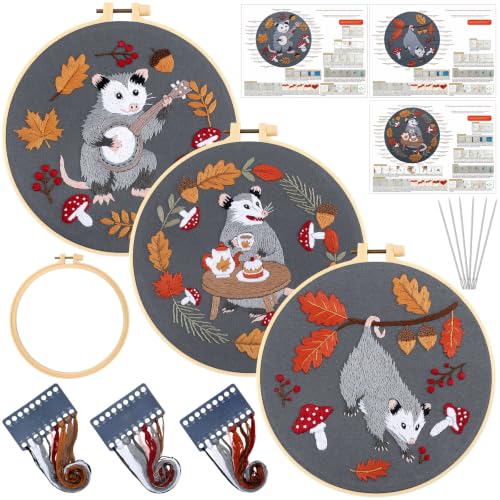 Mindsoft 3 Set Needlepoint Kit for Beginners with Hoop,Autumn Possum - style: Autumn Possum