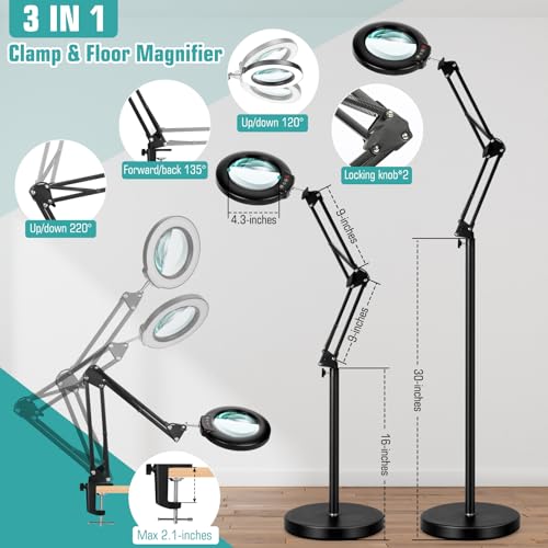 12X Magnifying Glass with Light and Stand, Real Glass Lens (Not Acrylic), 5 Color Modes, Stepless Dimmable, LED 3-in-1 Floor Lamp, Swing Arm with Clamp, Lighted Magnifier Hands Free for Craft, Reading - color: Black