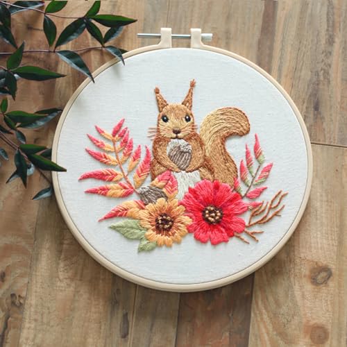 YEESAM ART Embroidery Kit with Cute Squirrel Animals Patterns, Full Set DIY Embroidery Cross Stitch Kits for Adults Beginners Needlework Sewing (Squirrel)