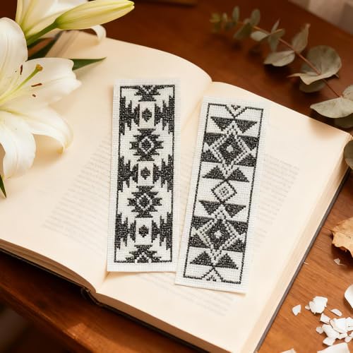 INFUNLY 6pcs Aztec Print Cross Stitch Bookmark Kit for Beginners DIY Vintage Geometry Embroidery Bookmark Kits Black White Needlepoint Kit with Instruction Easy Cross Stitch Set for Book Lovers Reader - style: Aztec Patterns