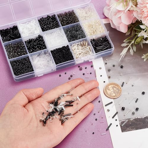 PH PandaHall 5000pcs+ Glass Seed Beads 15 Styles Bugle Beads Tube Bead Black White Silver Small Waist Bead for Punk Style Jewelry Making Bracelet Beading Weaving Embroidery DIY Craft Summer - color: Black White