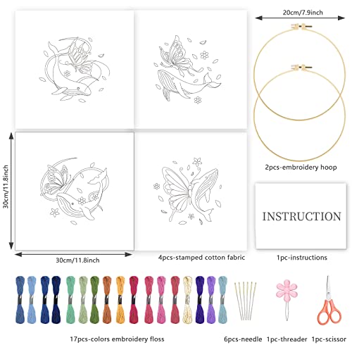 INFUNLY 4 Sets Embroidery Kit for Beginners with Butterfly and Whale Pattern DIY Embroidery Kit for Adults DIY Embroidery Set Cross Stitch Kit for Adults with Plastic Embroidery Hoops Threads Needles - color: Butterfly and Whale