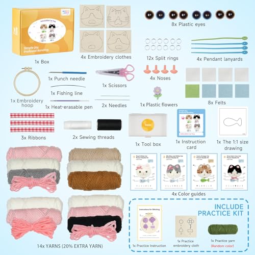 Punch Needle kit Adults for Beginners-4,Embroidery kit for Beginners, Includes All Tools and Materials,Easy to Follow Instructions and Videos-Cat Family - color: Cat Family
