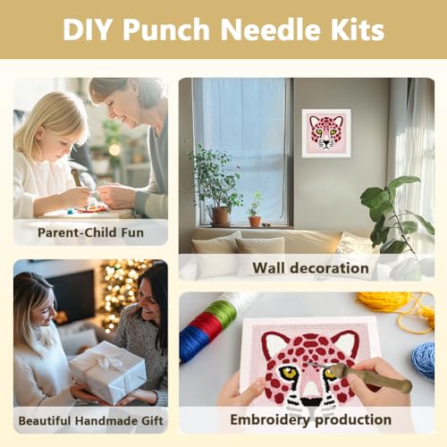 Doodlream Pink Leopard DIY Punch Needle Embroidery Kit for Adult Beginner, 9.4" Pink Leopard Punch Stitching Craft Set for Starter with Frame, Fabric Pattern, Threader, Yarn, Pinch Needle - color: Pink Leopard