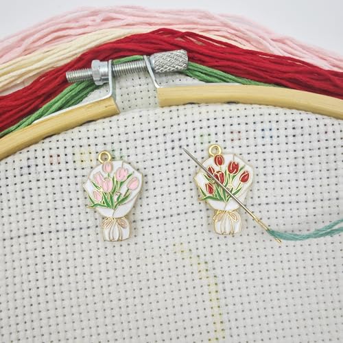 2 Pcs Needle Minders and,Needle Threader, Magnetic Needle Keeper,Cross Stitch Embroidery Hand Sewing Needlework Tools (Tulip Bouquet) - color: Tulip Bouquet