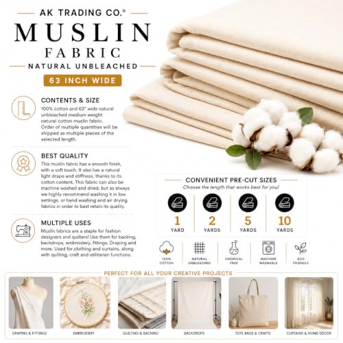 AK TRADING CO. Muslin Fabric/Textile Unbleached - Draping Fabric - Natural 10 Yards Medium Weight - 100% Cotton (63in. Wide) - color: Natural Unbleached, size: 10 Yards