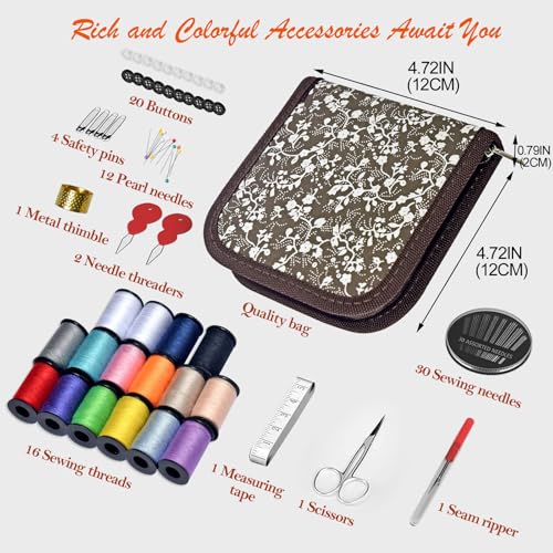 Sewing Kit Gifts for Grandma, Mom, Friend, Traveler, Adults, Beginner, Emergency,Sewing Supplies Accessories with Scissors,Sewing Needles Thimble, Thread,Tape Measure etc(Wildflower Brown, S) - color: Wildflower Brown, size: 1 Pack