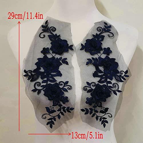 2 Pair 29x13cm Red/Pink/Purple/Sky Blue Wedding Dress Lace Shirt Accessories Embroidery Lace Garment Design DIY Accessories (Navy Blue) - color: navy blue