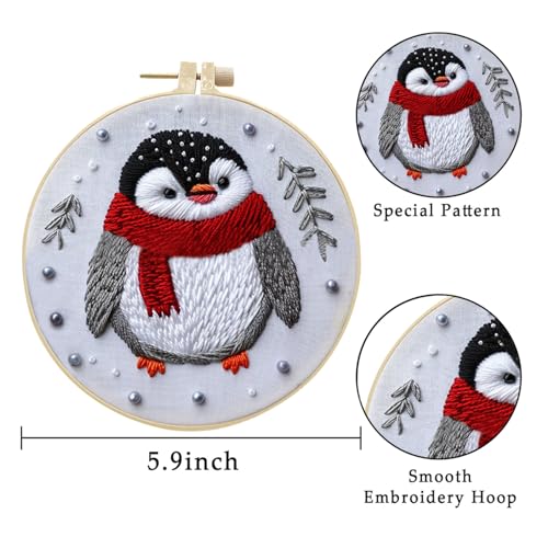 LB Christmas Gnome Embroidery Kit for Beginners: 4-Piece Cross Stitch Set with Penguin, Deer, Green Plant & Fireplace | Adults DIY Starter Kit Includes Hoop, Threads, Tools and Instructions - color: Grey