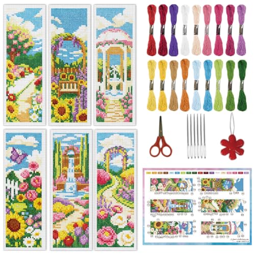 INFUNLY 6 Set Colorful Garden DIY Cross Stitch Bookmark Kits for Adults Rose Sunflower Counted Cross Stitch Kit with Instruction Flowers Stamped Embroidery Bookmark Kit for Book Lovers Readers Gift - style: Garden
