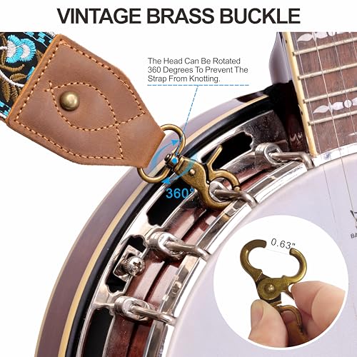 Nefelibata Banjo Strap, 2" Wide Double Crazy Horse Leather Jacquard Embroidery Strap Adjustable Replacement,Multi-pattern Strap With Metal Clips - color: Ab#-retro Floral
