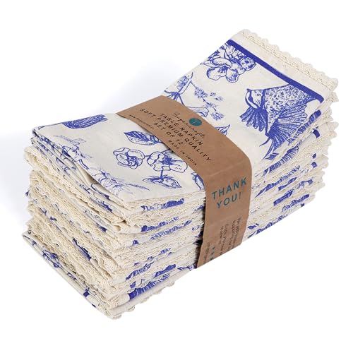 FINGERCRAFT Lace Cloth Napkins, Cotton Linen, 4 Pack, 20x20 Inch,Toile - color: Toile, size: 20" x 20" (Set of 4)