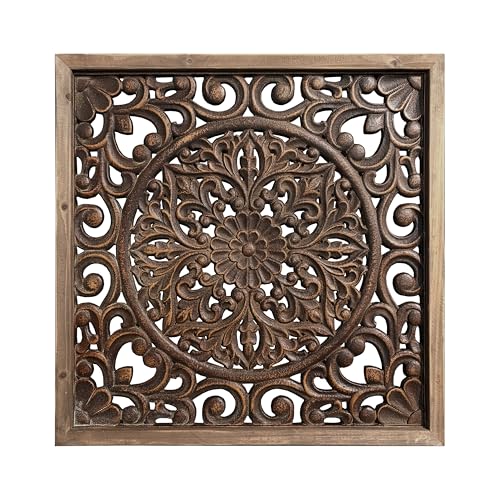 XIAOAIKA Boho Carved Wood Wall Art Panel, Floral Mandala, Distressed Brown - color: Brown