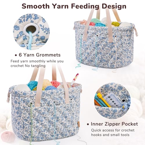 MYBAGZING Portable Crochet Bag Organizer with Crochet Hook Organizer Roll - color: Blue Flower