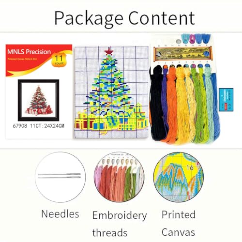 Zhenqing Christmas Tree Cross Stitch Kit – 11CT 9.45x9.45 Inch Aida Cloth with Gifts & Stars – Festive Red, Gold & Indigo Holiday Embroidery Set(67908) - color: 67908