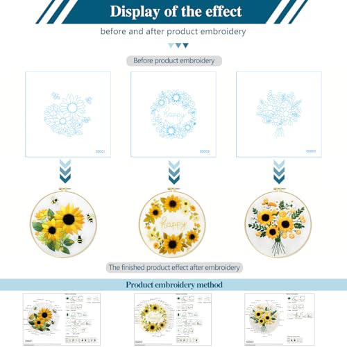 Zhenqing Sunflower Embroidery Kit 3 Designs | 11.4"x11.4" Beginner-Friendly Hand Embroidery Set with Hoop & DMC Threads | DIY Home Wall Decor, Mindful Gift for Mothers Day C0005 - color: C0005