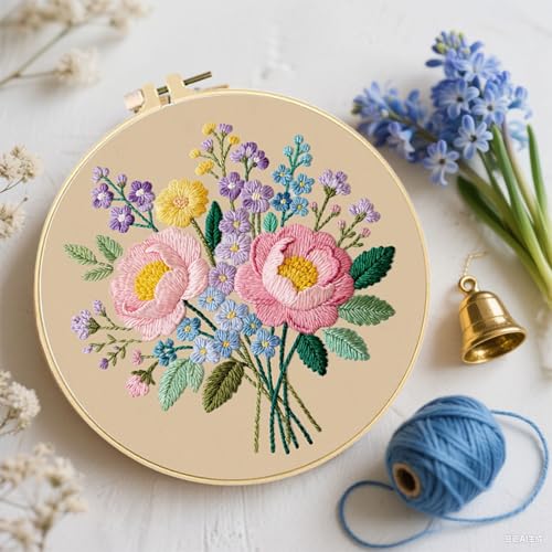 FREEBLOSS 4 Sets Embroidery Kit for Beginners Needlepoint Bouquet Stamped Embroidery Starter Kit with Instructions, Needles, Threads, 2 Hoops 11.6"/29.5CM - style: Bouquet