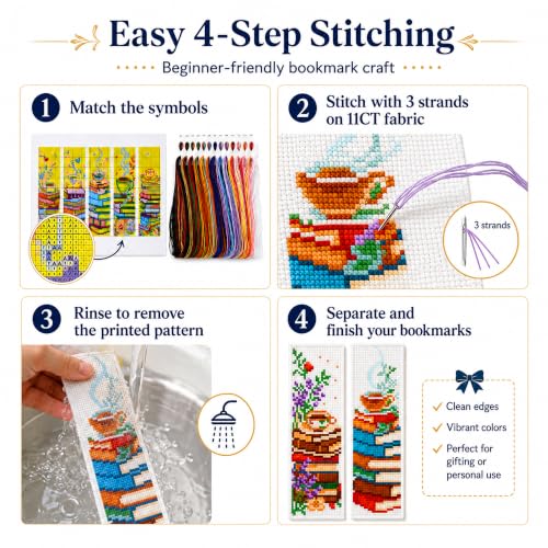 Zhenqing Books and Coffee Stamped Cross Stitch Bookmark Kit, 5 Cozy Reading Designs for Adults and Beginners, Book Lover Gift - color: Books and Coffee Bookmark