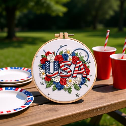 Embroidery Kit for Beginners & Adults Starter Kit, Cross Stitch Kits,DIY Hand Embroidery Needlepoint Set with Hoop, Pre-Printed Fabric, Threads and Instructions (USA) - color: USA
