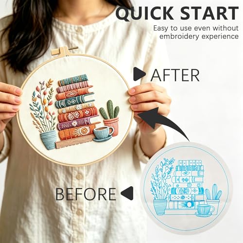 DIY Embroidery Kit for Beginners Adults, Stamped Books, Flowers & Coffee Pattern Embroidery Kit, Cross Stitch Set Include Embroidery Cloth Hoops Threads Needles Instruction, for Home Ofiice DIY Gift