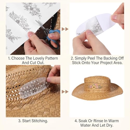 3 Sheets Embroidery Patterns Water Soluble Stick and Stitch Embroidery Paper Pre-Printed Floral, Flower Transfer Paper for Beginners Hand Sewing Lovers