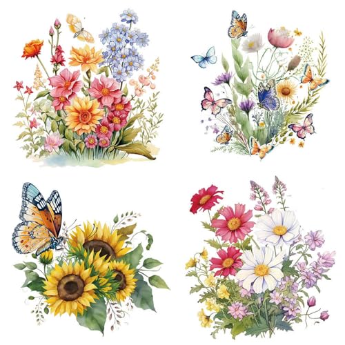 Spring Flower Butterfly Iron on Transfer for T-Shirt, Watercolor Various Floral Design DTF Ready to Press Heat Transfer Vinyl Decals Fresh Summer Iron on Patches Appliques for Girls Party DIY Decor - color: Watercolor Flower Butterfly B