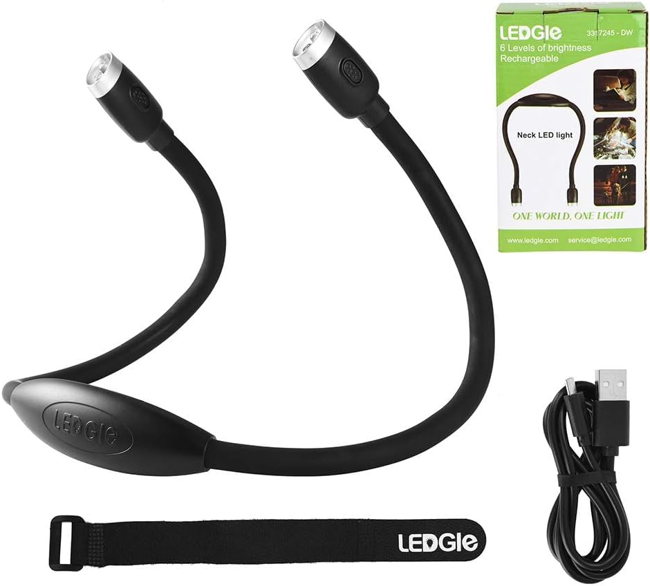 LEDGLE Neck Book Light for Reading Rechargeable,Long Arm,6 Brightness-Black - style: Massage Particles- Black