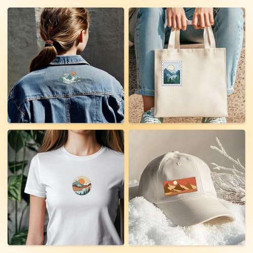 39Pcs Mountain Sun Water Soluble Hand Sewing Stabilizers, 8.3"x11.7" Natural Scenery Embroidery Pattern Stabilizer, 4 Sheets Round Stick and Stitch Embroidery Paper Sticker
