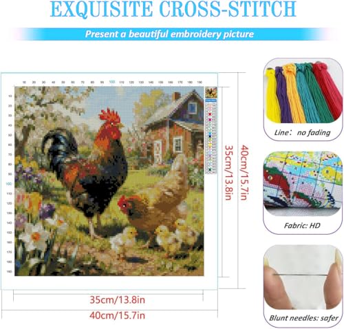 KYOQFVN Farm Counted Cross Stitch Kits for Adults, Rooster Stamped Cross Stitch Kits, Needlepoint Cross-Stitch Patterns Embroidery Kits Arts and Crafts for Home Decor 14×14Inch - color: SZXFARM-US