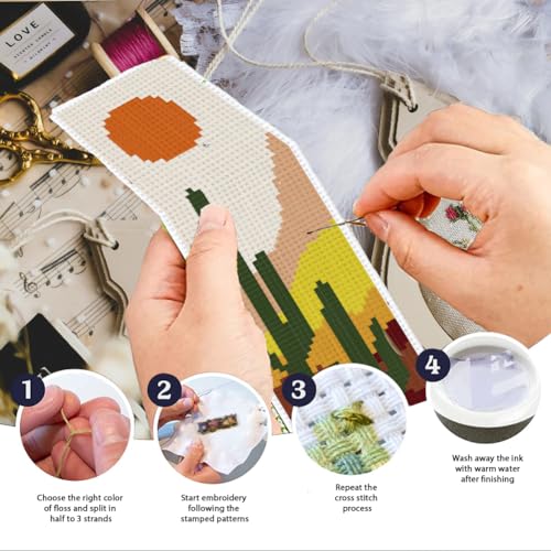 INFUNLY 6PCS Boho Cross Stitch Bookmark Kits 8''x2.4'' Landscape Bookmark Making Kit Moon Phases DIY Stamped Embroidery Bookmarks for Beginners with Instruction for Book Lovers Reader Writers Gift - style: Boho Landscape