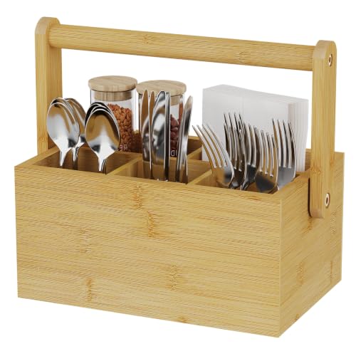 Silverware Caddy with Removable Dividers, Portable Utensil Holder for Party & Picnic, Bamboo Countertop Cutlery Organizer with Handle for Kitchen, RV & Outdoor Events (Natural) - color: Natural