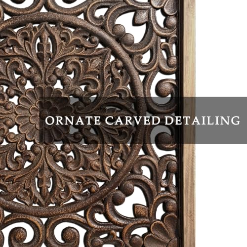 XIAOAIKA Boho Carved Wood Wall Art Panel, Floral Mandala, Distressed Brown - color: Brown