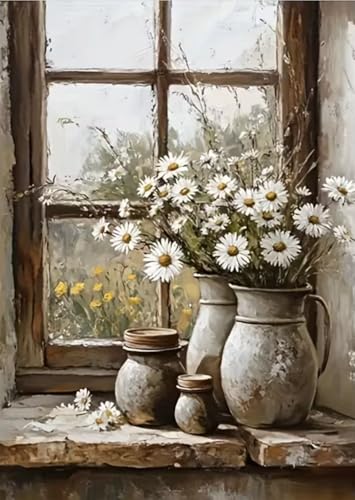 MYBISYMQQ Windowsill Daisies Cross Stitch Kits for Adults Beginners - 11CT Stamped Vintage Floral Vase Embroidery Kit, DIY Pre-Printed Needlepoint Patterns for Home Wall Art Decor, 15.7x11.8 Inches - color: T029