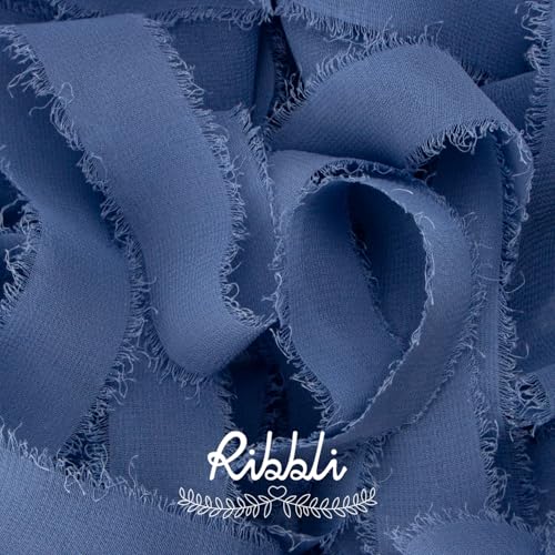 Ribbli Dusty Blue Ribbon 1 Inch x 3 Rolls Total 24 Yards Blue Handmade Fringe Chiffon Silk Ribbon for Wrapping Wedding Invitations Bridal Bouquets DIY Crafts Home Decor - color: Dusty Blue