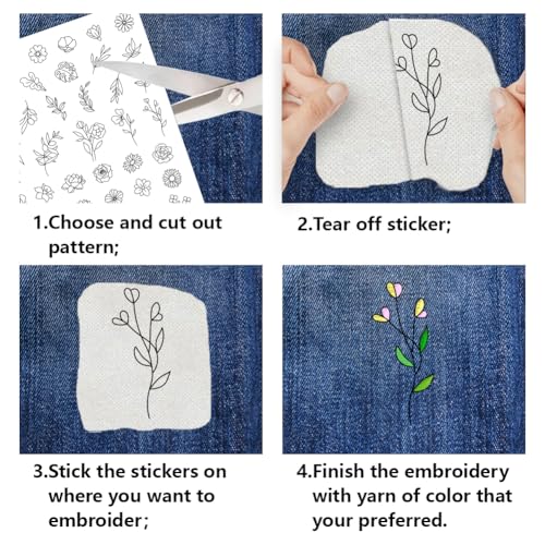 4 Sheets Water Soluble Embroidery Patterns Stabilizers Flowers Theme Embroidery Stick and Stitch Paper with Pre-Printed Flower Wreath Butterfly Patterns for Hand Sewing Lover Beginners - style: Flower A