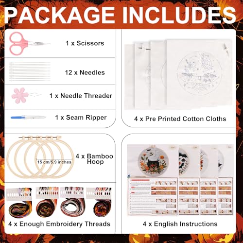 4 Set Halloween Embroidery Kit, Halloween Cross Stitch Kit, Gothic Embroidery Starter Kit 6 Inch Needlepoint DIY Craft for Beginners Adults