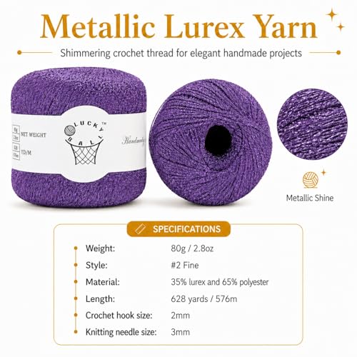 80g Sparkle Silver Lurex Thread Shining Yarn, Metallic Crochet Thread Yarn for Crocheting, Sparkle Metallic for Knitting Clothes, Car Charm, Keychain Charm(Purple) - color: Purple