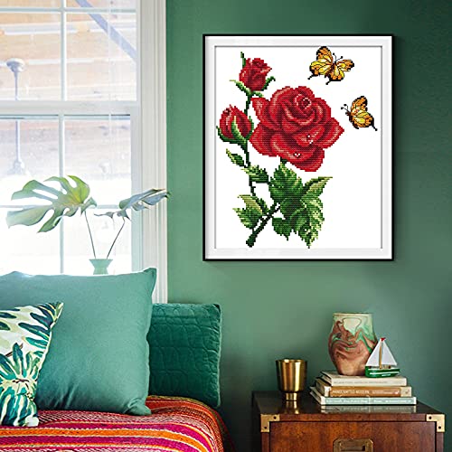 Stamped Cross Stitch Kits for Beginners Full Range of Crossstitching Kits Preprinted Pattern for Kids or Adults, Embroidery Needlepoint Starter Kits 14CT 2 Strands-Butterflies Rose,10.2''x11.8'' - color: Butterflies Rose,10.2''x11.8''