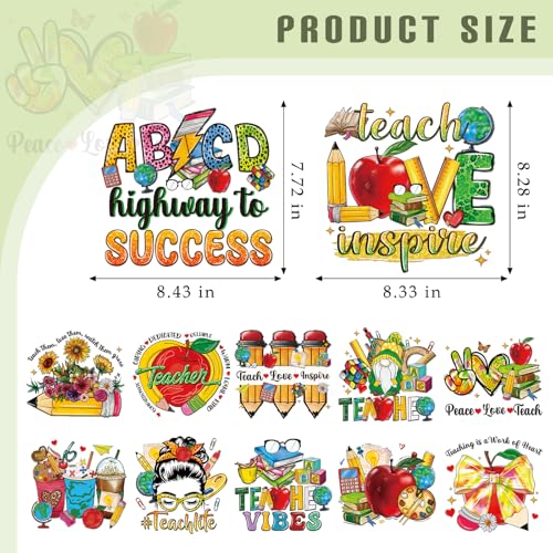 Dazoratix Teacher's Day Transfer Stickers - 12 Sheets Teachers Iron on Transfers Ready to Press Heat Patches Vinyl DTF Decals for T Shirts Clothes DIY Crafts Clothing Bag Appliques Pillow Decorations - style: Teacher-Cute