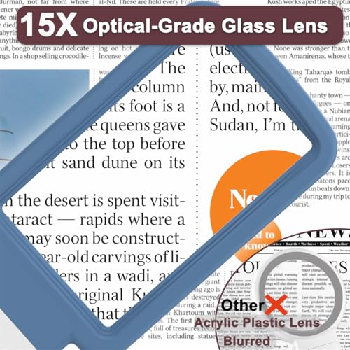 15X Magnifying Glass with Light and Stand, Real Glass Lens, Rechargeable Foldable Handheld Magnifier, 3 Color Modes Dimmable Lighted Page Magnifier for Reading Fine Prints, Seniors - Blue White - color: Blue White