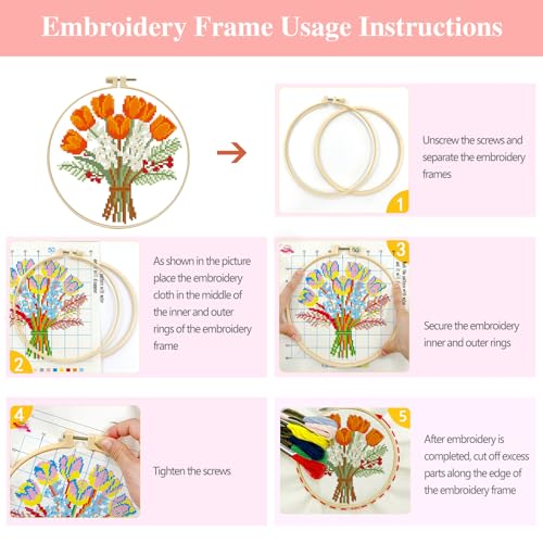 Zhenqing Orange Tulip Bouquet Cross Stitch Kit for Beginners - Complete Set with Pre-Printed 11CT 24x24cm Fabric, Hoop & Threads(70359) - color: 70359