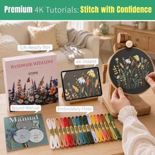 ETSPIL Embroidery Kit for Adults, 2 Hoops, 4K Slow-Mo, Pre-Printed Patterns - color: flower D4