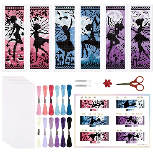 ORIGACH 6 Set Fairy Silhouette Cross Stitch Bookmark Kit for Beginner - style: Fairy Silhouette