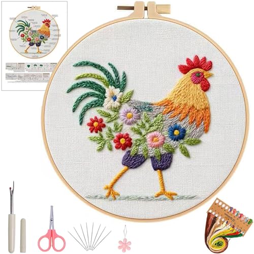 Ohcol Embroidery Kit Cross Stitch Kits Needle Point Kits Beginner Adults Needlepoint Kits with Rooster Pattern & Hoop - color: White - Rooster