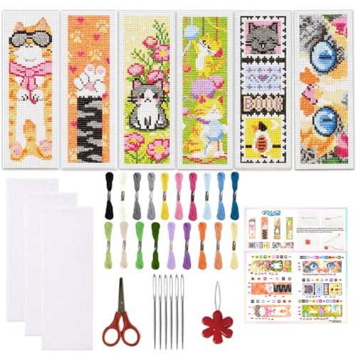 ORIGACH 6 Set Cute Cat Cross Stitch Bookmark Kit for Beginner - style: Cat