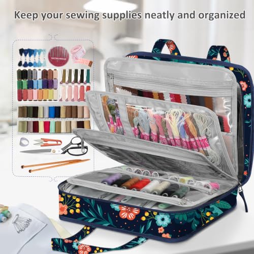 FINPAC Sewing and Craft Supplies Storage Tote Bag with Clear Pockets - color: Navy Bloom