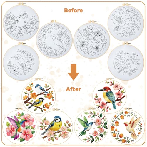 BEUNITONE 6 Set Embroidery Kit for Beginner Adults, Hummingbird & Flower Cross Stitch Set with Stamped Pattern Hoops Threads Cloth Needles, Embroidery Starter Kit for Home Decoration and Gifting - style: Flower Bird