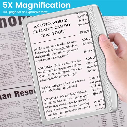 Rechargeable 5X Magnifying Glass for Reading, Large Bright Full Page Magnifier with Light, Handheld LED Dimmable Lighted, Lightweight Book Magnifier for Reading Small Prints Seniors - Silver - color: Silver